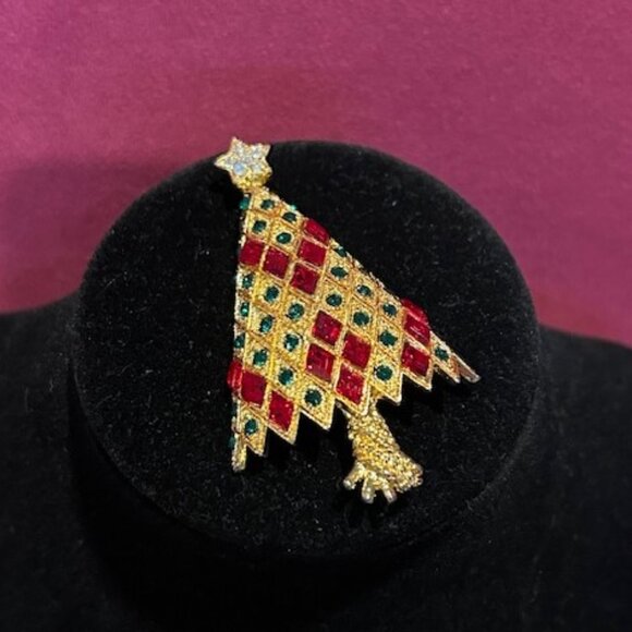 HOLIDAY🎄🎄EISENBERG ICE Gold Red/Green Swarovski Crystal Tree BROOCH - Picture 3 of 8